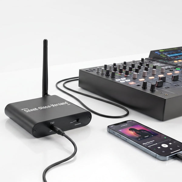 Richten Sie den drahtlosen Sender ein, indem Sie ihn an Ihre Musikquelle oder Ihr Audiogerät anschließen.